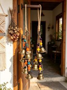 1/2 Stück Boho Vintage Messingglocken Windspiel mit bunten Perlen, handgefertigte Hängedekoration für Zuhause, Tür und Wand, Retro Seil Windspiel - A - Übersicht 3