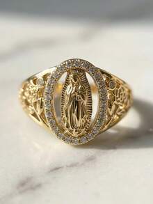 Vintage Unique Guadalupe Virgin Mary Cubic Zirconia Rings Daily Vacation, Birthday, Anniversary Jewelry Gift - Gold - View 1