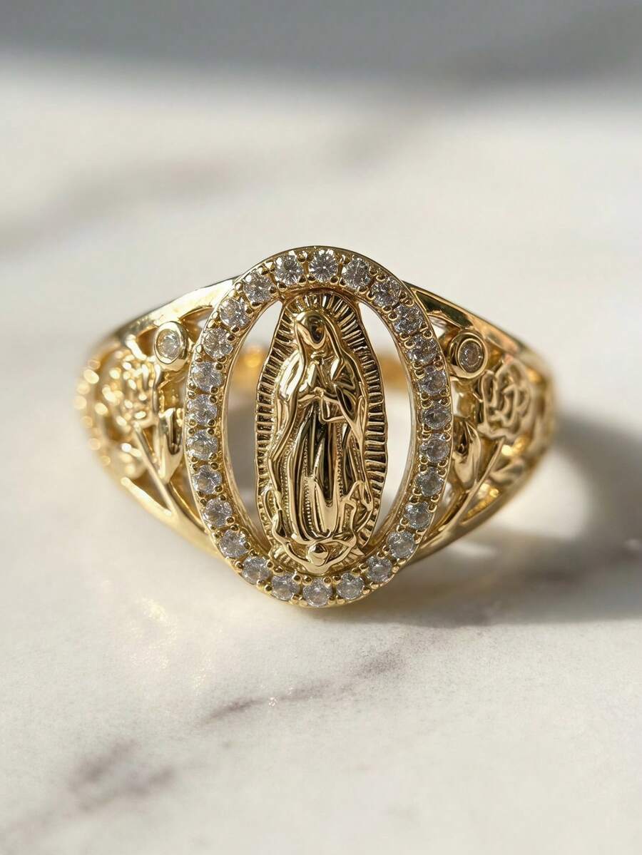 Vintage Unique Guadalupe Virgin Mary Cubic Zirconia Rings Daily Vacation, Birthday, Anniversary Jewelry Gift - Gold - View 1