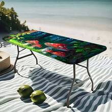 1pc Summer Outdoor Tablecloth, Elastic Band Design At Bottom, Mushroom Print Pattern, Durable Polyester Material, Washable Rectangular Table Cover, Suitable For Picnic, Camping, Garden Party, Indoor And Outdoor Use - A - View 4