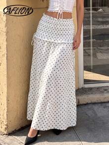Aflion Women Summer Fall White Polka Dot Maxi Skirt, Elastic High Waist Ruffle Hem Skirt With Side Drawstring For Daily, Date & Vacation - White - View 3