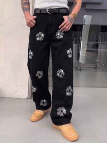 1 buah Celana Jeans Denim Pria Longgar Kaki Lebar Gaya Jalanan Desain Multi-Kerja Cocok Untuk Semua Musim - Hitam - View 5