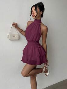 Elegant Fashion Halter Neck Backless Layered Ruffle Mini Dress Wedding - Purple - View 1