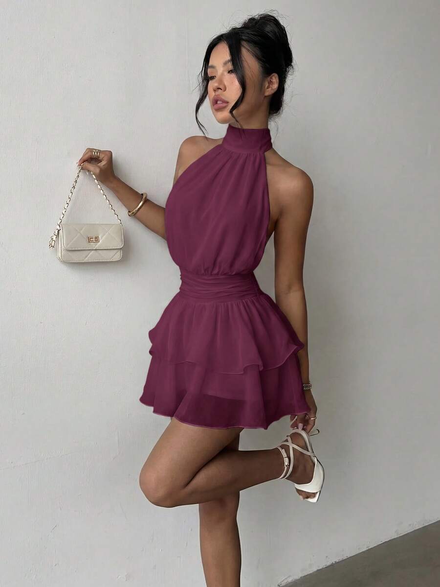 Elegant Fashion Halter Neck Backless Layered Ruffle Mini Dress Wedding - Purple - View 1