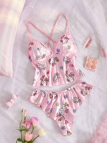 SANRIO 两件套女士Hello Kitty睡衣套装，粉白条纹，露背开衩，字母爱心印花，波点，V领，蕾丝拼接，短款睡衣，可爱睡衣套装，甜美家居服套装 - 粉色 - 查看 6