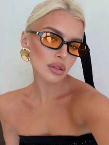 A Pair Of Compact Rectangular Frame Fashion Glasses, Suitable For Vacation, Travel, Sports, Driving, Festivals, Beach, Music Festivals, Outings, Summer Accessories, Holidays, Family Trips, Elegant Outfits, Street Style Accessories, Sports, Parties, Outdoor Activities, Street Looks, Fishing, Summer Beach Vacation, Outdoor, Travel, Back To School Season College Style. Rectangular Frame - Orange - View 4