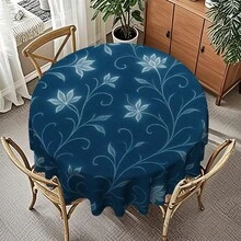 1pc Round Tablecloth, Table Cover, Round Table Cover, White Floral Design, Navy Blue Background, Perfect For Christmas, New Year, Valentine's Day, Easter, Mother's Day, Father's Day, Halloween, Thanksgiving, Celebrations, Picnics - Round - View 7