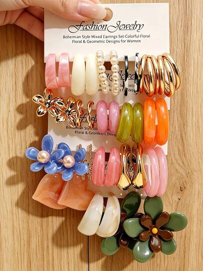 Juego de 3 pares/5 pares/17 pares de pendientes de aro de resina coloridos para mujer, estilo bohemio con flores, perlas, corazones y formas geométricas en C, pendientes colgantes de acrílico coloridos tipo dopamina, accesorios de vacaciones de verano con vibración vintage y lindo, regalo