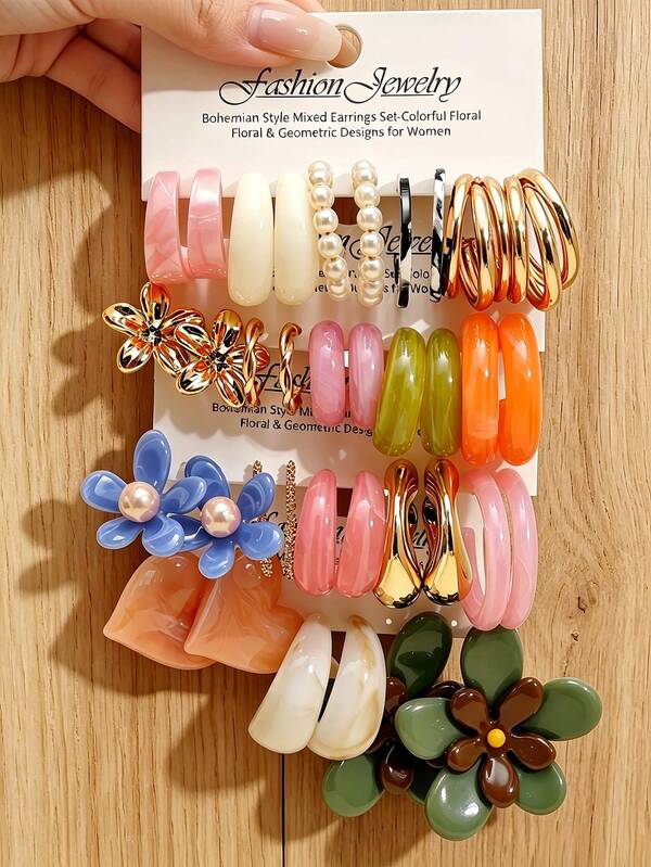 3 paires/5 paires/17 paires d'ensemble de boucles d'oreilles créoles en résine colorée pour femmes, style bohème floral, perle, cœur, géométrique en forme de C, boucles d'oreilles pendantes en acrylique coloré dopamine, accessoires de vacances d'été vintage mignons, cadeau