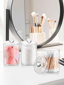 3pcs Bathroom Cabinet Acrylic Wet Wipes And Cotton Pads Storage Set, With Bamboo Lid - Transparent Plastic Cotton Swabs And Cotton Pads Storage Box, With Bamboo Tray - A - View 7