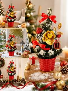 1PC Mini Artificial Christmas Tree, Multi-Style Tabletop Xmas Ornament With Bow Pinecone Flower Ball Decorations, Small Desktop Pine Tree For Indoor Home Window Yard Outdoor Landscape Christmas Party Table Decor & Perfect Xmas Holiday Gift Supplies - Multicolor - View 7
