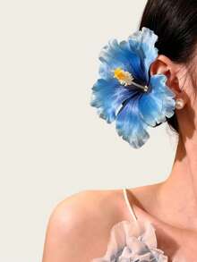 2pcs Women's High-End Elegant Beach Vacation Style Artificial Hibiscus Flower Hair Clips, Sweet Versatile Girl Travel Photo Hair Accessories, Artificial Flower Side Clip Hair Accessory Suitable For Daily Use - Blue - View 3
