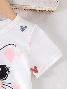 2 Peças/Conjunto Top de Manga Curta com Gola Redonda e Estampa de Gato de Desenho Animado Doce & Coração e Legging de Tricô Elástico com Cabo, Roupa Casual Leve e Respirável de Verão para Recém-Nascidos, 0-1-2-3 Anos, 6-9 Meses - Multicolorido - Visão 4