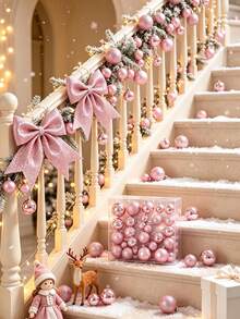 44pcs Pink Christmas Ball Ornament Set With Hanging Rope And Pink Bows, Suitable For Christmas Tree, Holiday, Wedding Party, Home Decor, Shatterproof Shiny Holiday Hanging Decorations - Pink - View 6