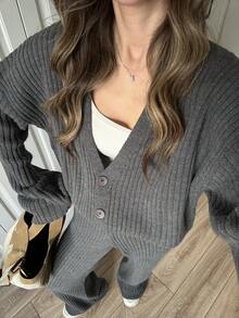 Set Sweater Wanita 2 Potong Musim Gugur Musim Dingin, Kancing, Leher V, Lengan Panjang, Kardigan dan Celana Panjang Lebar, Set Pakaian Santai, Potongan Longgar, Kasual, Set Rajut 2 Potong Musim Gugur - Grey - View 4