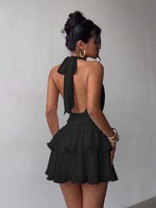 Elegante Vestido Mini de Moda con Cuello Halter, Espalda Descubierta y Volantes en Capas - Boda - Negro - Ver 1