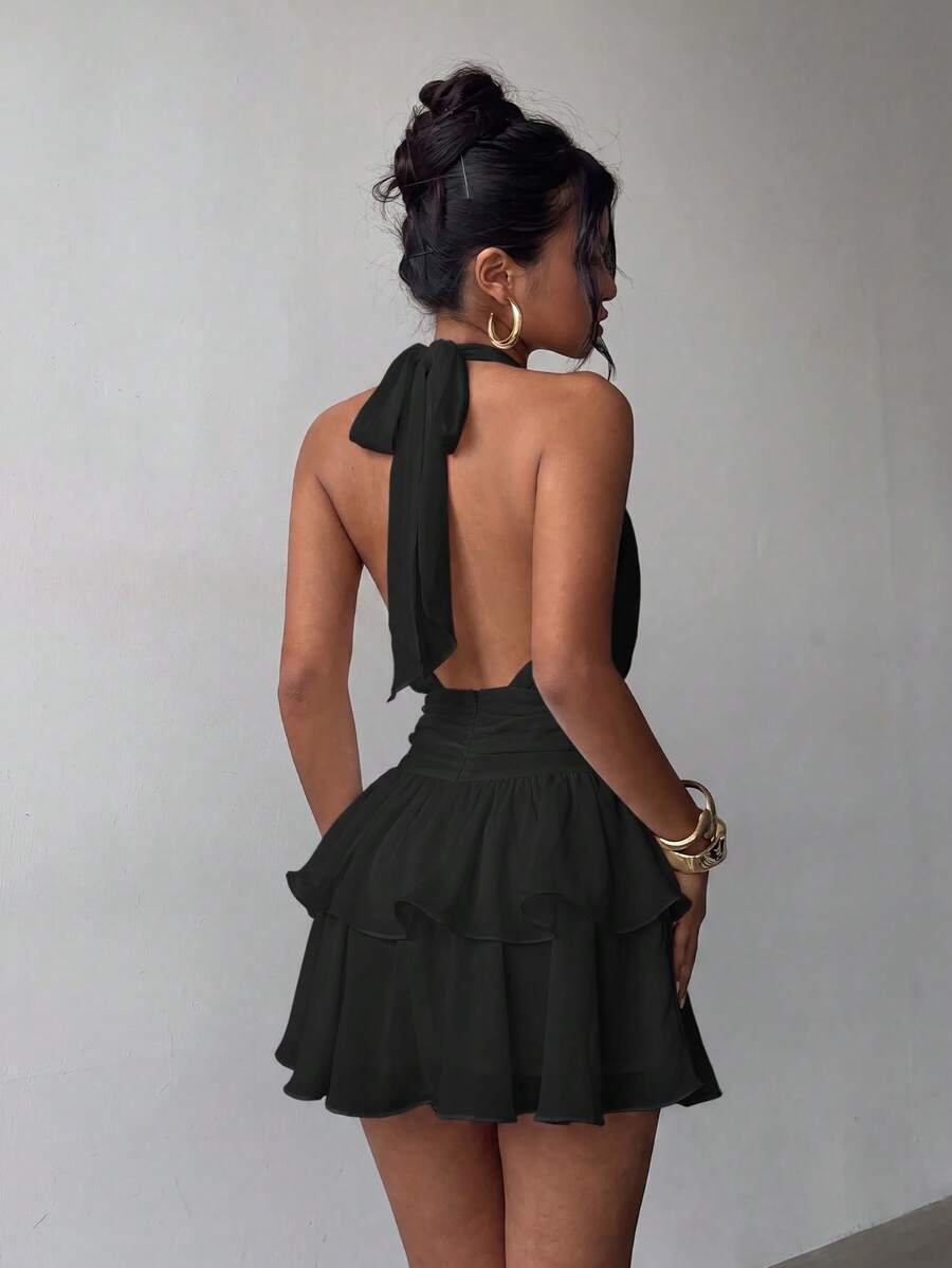 Elegante Vestido Mini de Moda con Cuello Halter, Espalda Descubierta y Volantes en Capas - Boda - Negro - Ver 1