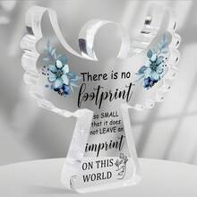 1pc 9.6*9cm 2D Flat Irregular Angel Shaped Clear Acrylic Tabletop Ornament, Watercolor Blue Floral Baby Footprint Quote Print Miscarriage Sympathy Keepsake Gift, Infant Loss Memorial Funeral Home Desktop Decor - View 1