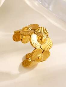 1/2pcs Stainless Steel 18K Gold Plated Minimalist Flower Ring, Suitable For Women's Daily And Party Wear - Multicolor - View 6
