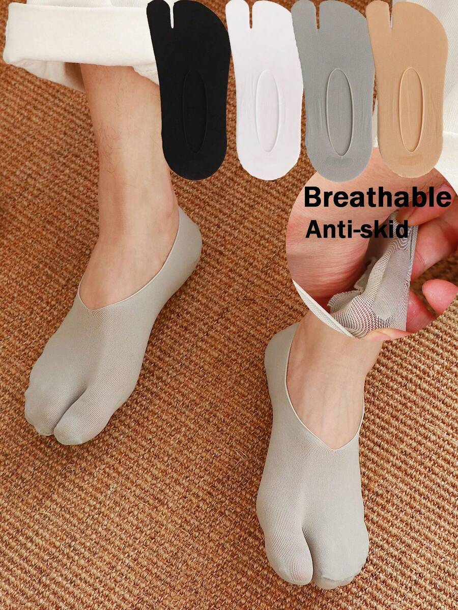 1/5 Pairs Men's Ultra-Thin Solid Color Two-Toe Split Toe Short Socks, Odor-Resistant, Sweat-Absorbent, Breathable, Suitable For Warm Weather - Multicolor - View 1