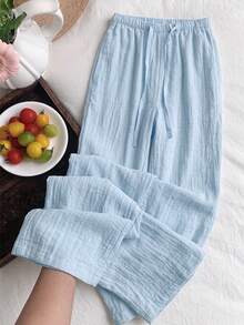 Women's Summer Lightweight Breathable Casual Pants, Light Blue Elastic Waist Drawstring Loose Drape Lazy Wide Leg Long Pants - Baby Blue - View 5