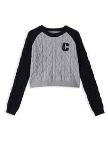 Sweater Rajut Kabel Lengan Raglan Kontras Abu-abu & Hitam American Vintage untuk Wanita, Pullover Leher Bulat Pendek Ramping Bordir untuk Musim Gugur - Grey - View 3