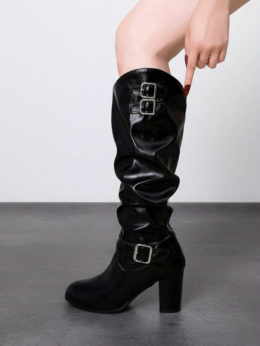 2026 Autumn/Winter New Chunky Heel Ruched Tall Boots With Belt Buckle, Wide Shaft High-Top Riding Boots For Women - Black - View 1