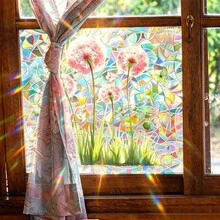 1pc Color Stained Glass Tulip Floral Window Stickers Iridescent Laser Holographic Butterfly Pattern Prism Light Refraction Self Adhesive PVC Decals For Household Bedroom Living Room Window Soft Natural Floral Scene Home Decor - Multicolor - View 5