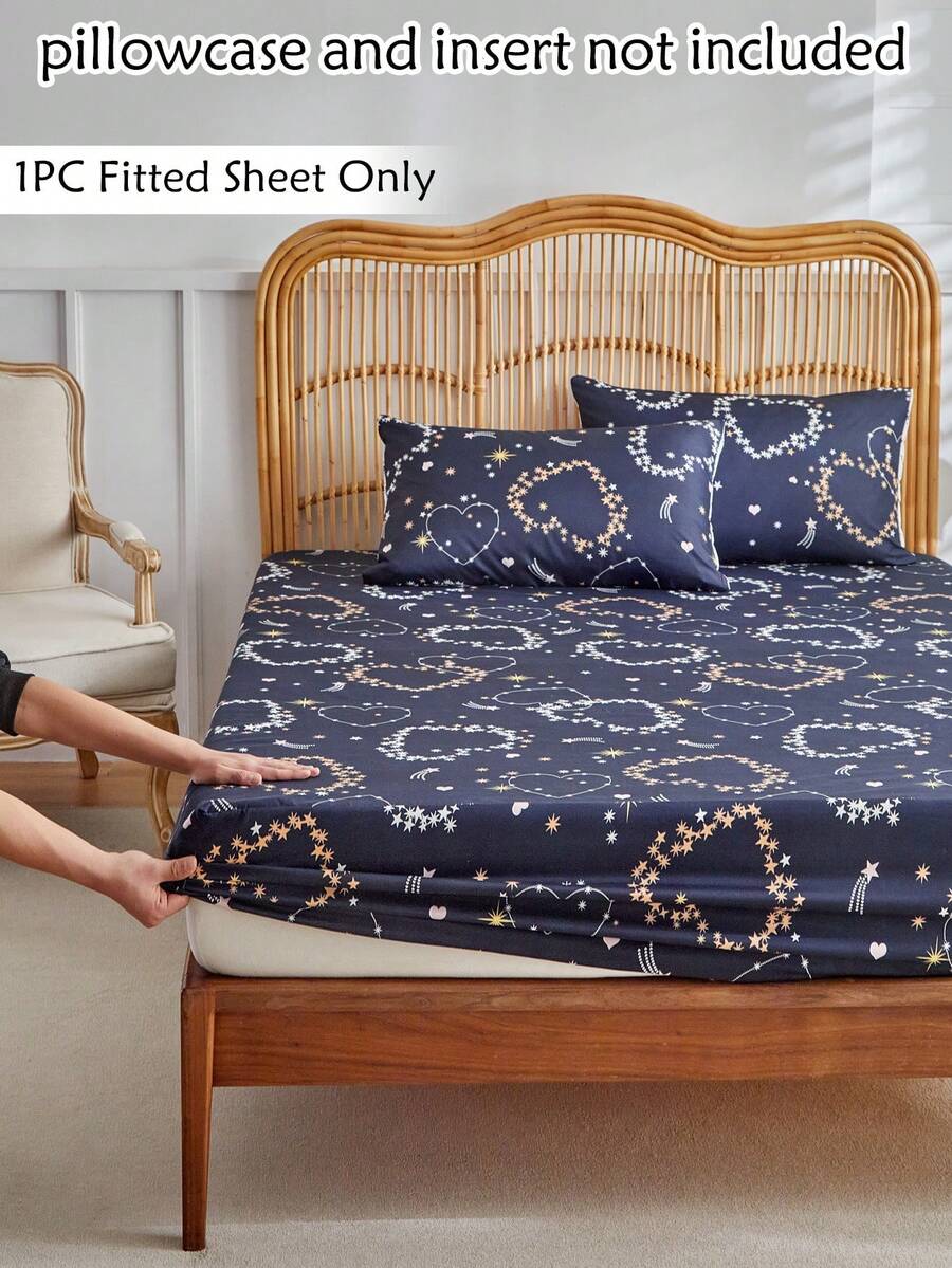 1pc Heart & Star Print Single Fitted Sheet, Minimalist Starry Sky Pattern Polyester Mattress Protector, Soft & Breathable, Machine Washable, Deep Pocket, Suitable For All Seasons - Multicolor - View 1