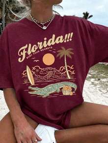 Florida Palm Tree Pattern T-Shirt -Women's Casual Vacation Short Sleeve T-Shirt, Round Neck Short Sleeve Top,Summer Outfits For Women - Summer Tops - 酒紅色 - 查看 1
