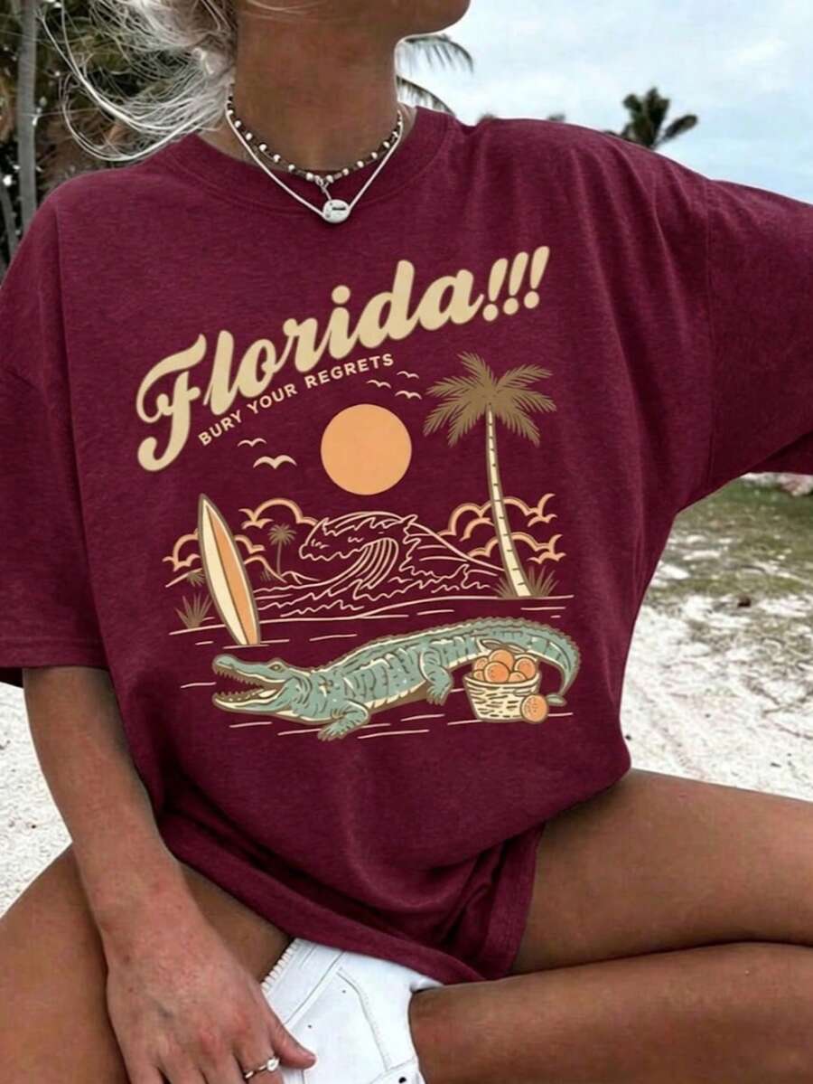 Florida Palm Tree Pattern T-Shirt -Women's Casual Vacation Short Sleeve T-Shirt, Round Neck Short Sleeve Top,Summer Outfits For Women - Summer Tops - 酒紅色 - 查看 1
