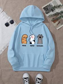 Three Cat Paws Graphic Print Hoodie, Drawstring Casual Hooded Sweatshirt For Winter & Fall, Women's Clothing - Black - View 8