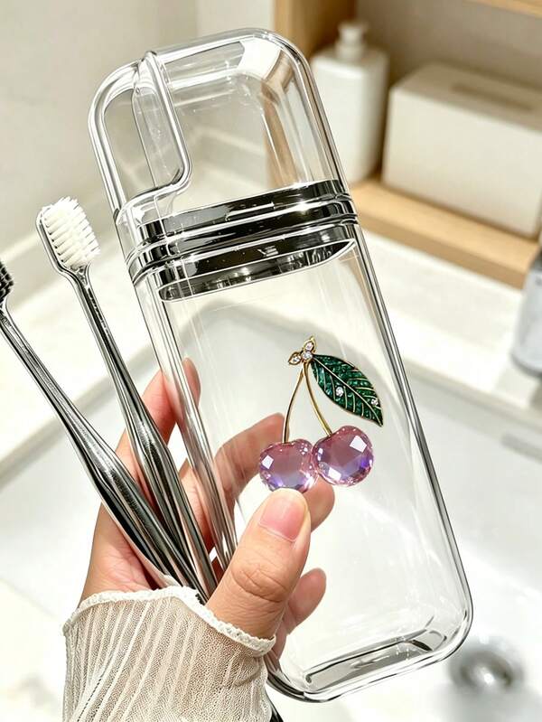 Sweet & Cute Cherry Creative Design Portable Travel Soap Box & Toothbrush Holder Set (Rinse Cup/Wash Cup/Dental Care Storage Box/Breathable Hygienic Bathroom Accessories) - Perfect For Graduation Season, Back To School, Dorm Life! Suitable For Students, Boarders, Travel Enthusiasts, Office Workers. Oval Plastic, With Toothbrush Protector, Can Store Soap, Toothpaste, Toothbrush, Rinse Cup, Etc. Applicable For Dorm Life, Graduation Travel, Back To School Military Training, Camping, Gym, Home Wash. Travel Toiletries Set,