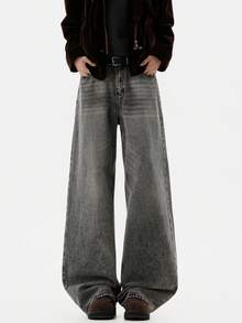 Hearty Haven 1 potong Celana Jeans Denim Pria Model Longgar Gaya Vintage Retro Washed Wide Leg Serbaguna (Tanpa Sabuk dan Aksesoris) - Grey - View 2