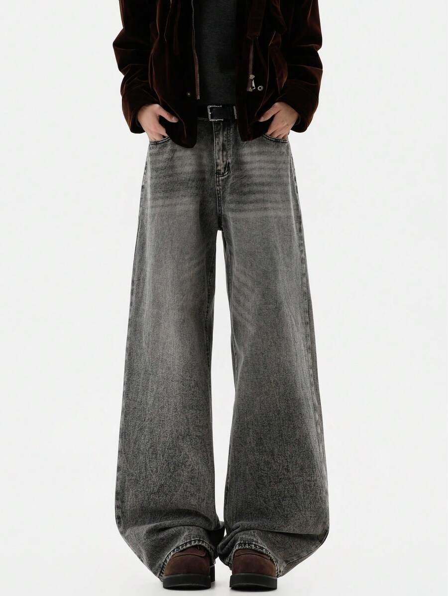 Hearty Haven 1 potong Celana Jeans Denim Pria Model Longgar Gaya Vintage Retro Washed Wide Leg Serbaguna (Tanpa Sabuk dan Aksesoris)