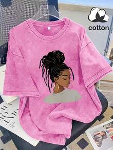 2026 Summer Women's Casual Short Sleeve T-Shirt, Hot Girl Portrait Print, Washed Cotton Crew Neck Tee, 100% Cotton Everyday Wear, Available S-3XL - 紅色 - 查看 9