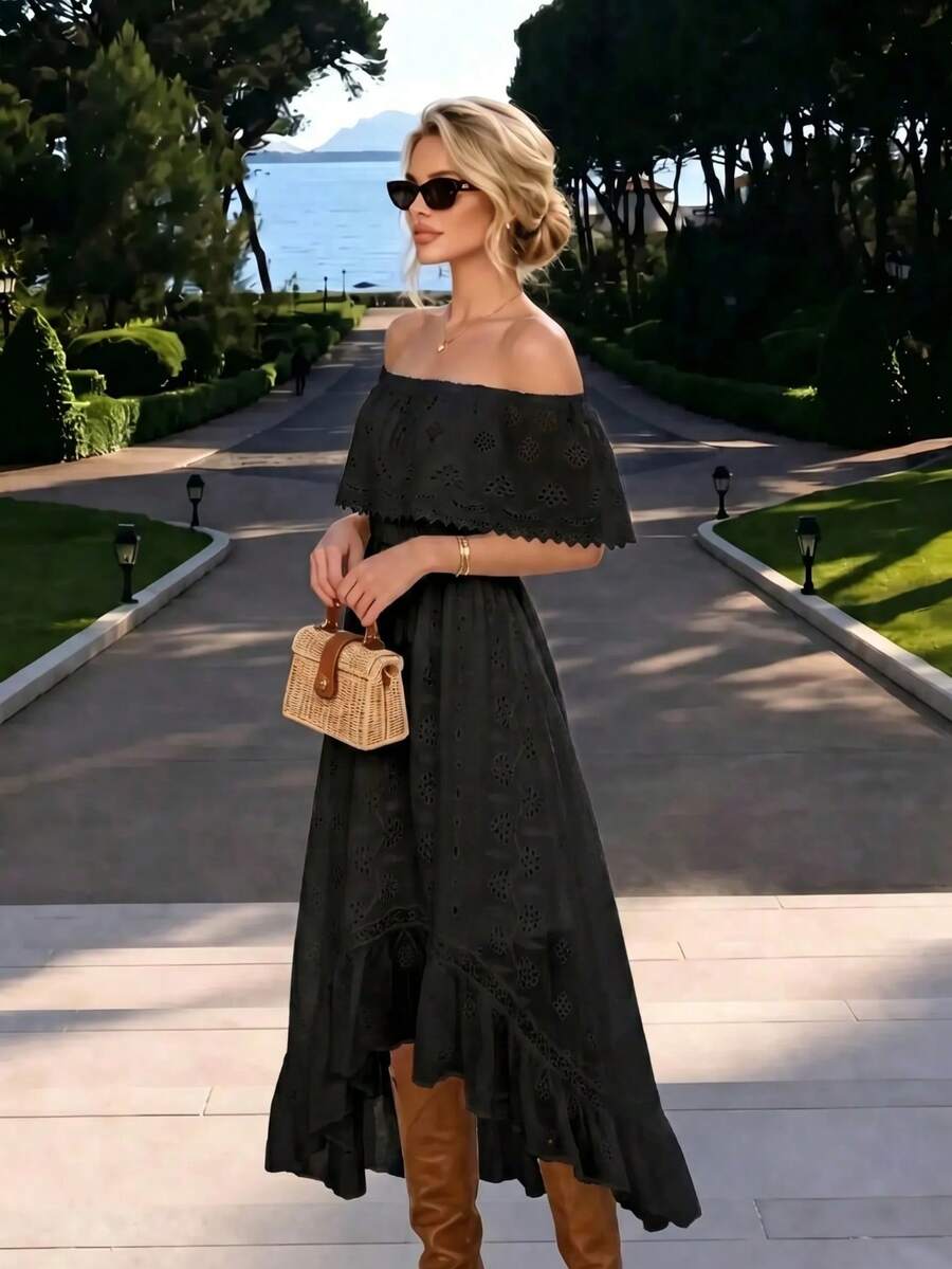 Women's Autumn Dress New Vacation Style Elegant Elegant Fashion High-End Strapless Puff Sleeve Gentle Fabric Embroidered Jacquard Long Black Summer - Black - View 1