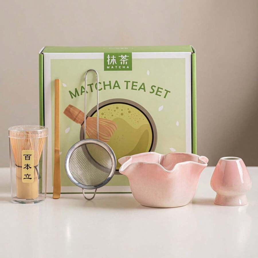 抹茶茶具套組，完整抹茶沖泡套件，含可愛花卉與愛心壓紋陶瓷碗及篩網，傳統日式茶道工具，適合居家使用與送禮 - 星星 - 查看 1