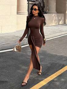 Women's Autumn Dress With Ribbon Tie Half-High Neck Elegant Base Dress For Birthday, Holiday, Party - Brown - View 6