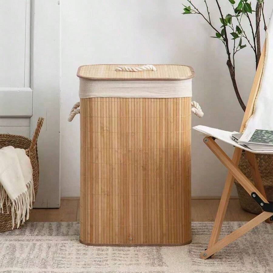 Bambus Wäschekorb mit Deckel und Griff, klassischer Stil, große Kapazität faltbarer Aufbewahrungskorb, rechteckige und runde Designs, multifunktionaler Einsatz, Wäschekorb, geeignet für Zuhause, Schlafzimmer oder Waschraum - perfektes Geschenk! - Verschiedenfarbig - Übersicht 1