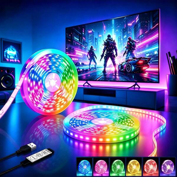 1件 5V RGB5050 LED燈條 USB 3按鈕控制 彩色電視背景裝飾燈 客廳臥室氛圍燈條