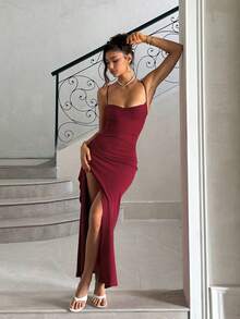 Women's Summer Red Cowl Neck Spaghetti Strap Slit Dress, Birthday Holiday Party Beach - Burgundy - View 4