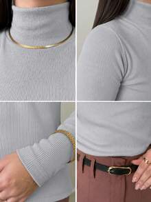 Women's Ribbed Fleece Long Sleeve Basic Casual Modern Thermal Black S,M,L,XL - 淺灰色 - 查看 2