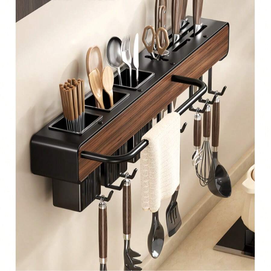 Wall-Mounted Knife Rack Kitchen Storage Shelf Multifunctional With Chopstick Holder And Utensil Organizer, Black With Walnut Wood Grain - View 1