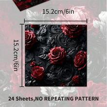 2D FLAT Baroque Relief Red & Black Rose Decorative Paper 24 Sheets 6*6 Inch Vintage Dark Pattern Scroll Black & White Rose Distressed Scrapbook Background Paper Gothic Dark Atmosphere Material Niche Vintage Scrapbook, Dark Valentine's Day Card, Decorative Painting, Anniversary Gift Wrapping DIY Material - Square - View 6