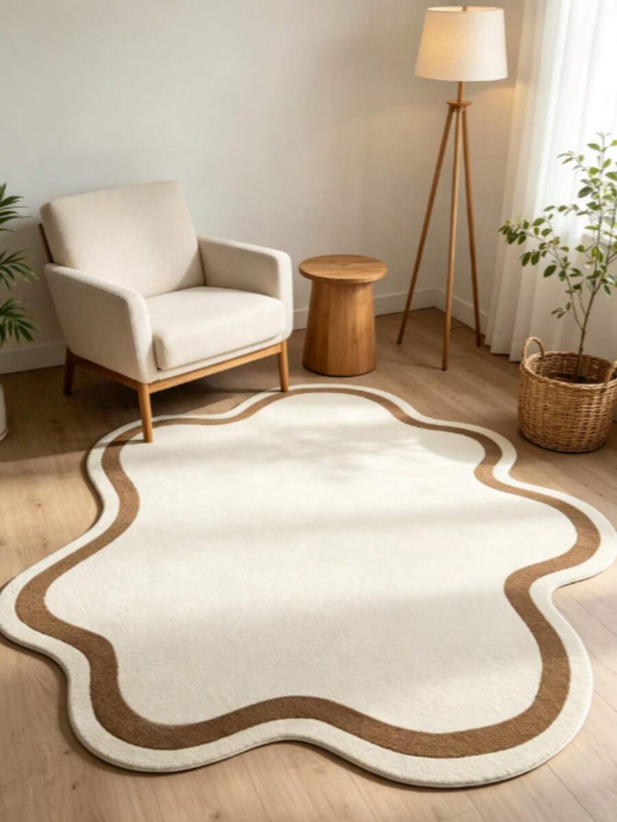 1pc White Minimalist Asymmetrical Rug, Natural Wood Style, Decorative Rug, Bedroom Decor, Small Rug, Carpet, Home Decor, Living Room Rug, Living Room Small Rug, Bedroom Rug, Living Room Home Decor, Outdoor Rug, Washable Rug - Multicolor - View 1