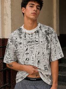 Fractyr Men's Vintage Washed Egyptian Hieroglyphs All Over Print Crew Neck T-Shirt, Distressed Ancient Symbol Oversized Streetwear Short Sleeve Tee - White - View 3