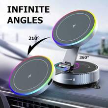 1pc 15W Magnetic Wireless Car Charger Mount, 720° Rotating Foldable Phone Holder With RGB Light, Telescopic Dual-Axis Adjustable Arm, Vacuum Suction Cup Dashboard Installation, Compatible With IPhone MagSafe And Android Phones - 無線充手機支架 - 查看 2