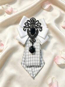 Vintage Houndstooth Bow Tie Necklace, Satin Bow With Rhinestone Decor Neckpiece, Preppy Shirt Collar Accessory - Tie - View 14
