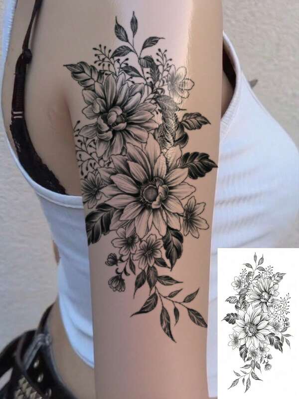 Big-Size Body Art Temporary Stickers, Black Flower Pattern, Waterproof Fake Tattoo, Lasts 2-5 Days, Can Cover Scars, Can Be Used On Arms, Wrists, Shoulders, Legs, Waist, Neck, Hands, Chest, Thighs, Fingers And Other Areas.